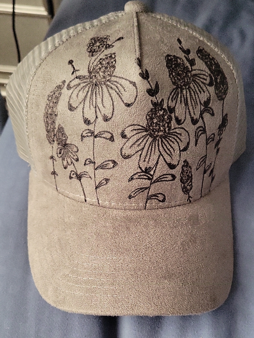 Women's Suede Floral Hand Burned Baseball Cap